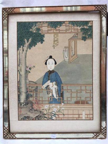 null CHINE. Peinture figurant une femme tenant un rouleau, dans un cadre en verre...