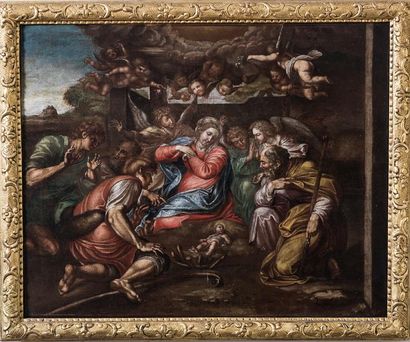 null École ITALIENNE du XVIIe?siècle,
suiveur d’Annibal CARRACHE
L’Adoration des...