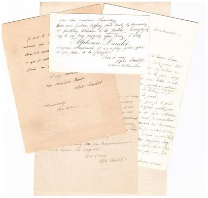 Alphonse DAUDET. 1840-1897. Ecrivain 
4 L.A.S. ou billets et C.V. annotée. Champrosay,...