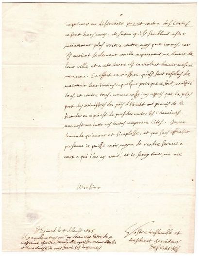 René DESCARTES. 1596-1650. Ecrivain philosophe 
L.A.S. à Huygens de Zuylichem, chevalier...
