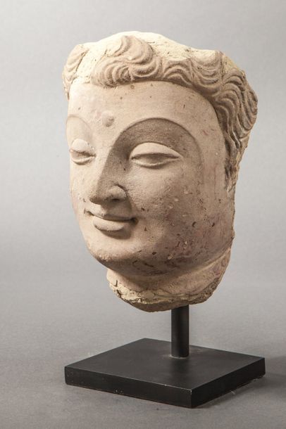 null Haut relief de sanctuaire, tête de Buddha à la beauté juvénile à la coiffure...