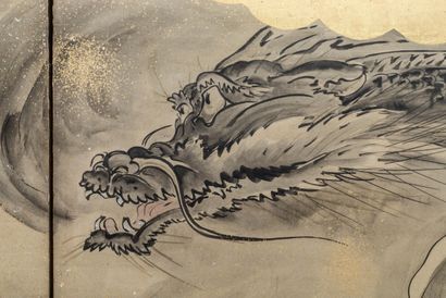 null Paravent "Rokkyoku Byobu" à 6 feuilles illustrant un dragon céleste flottant...