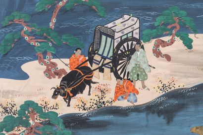 null Paravent "Rokkyoku Byobu" à 6 feuilles illustrant une scène rupestre animée...