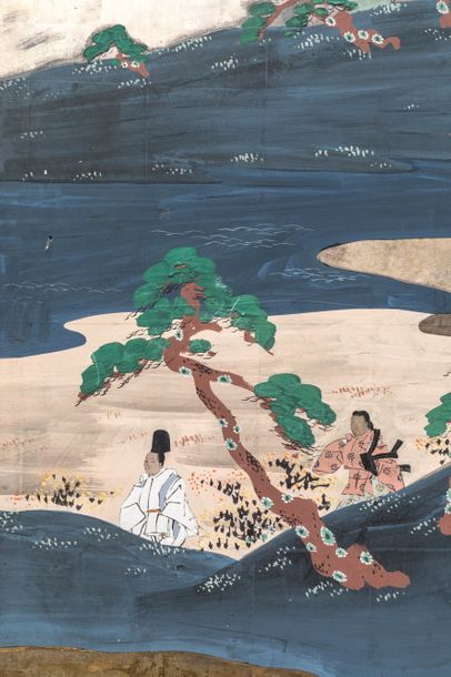 null Paravent "Rokkyoku Byobu" à 6 feuilles illustrant une scène rupestre animée...