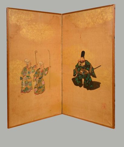 null Nikyoku Byobu, paravent à deux feuilles illustrant un samouraï et de ronins....