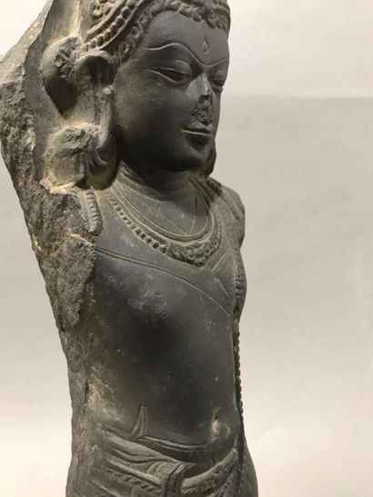 null Buste de Shiva paré de joyau et coiffé d’un haut chignon. Pierre schiste gris....