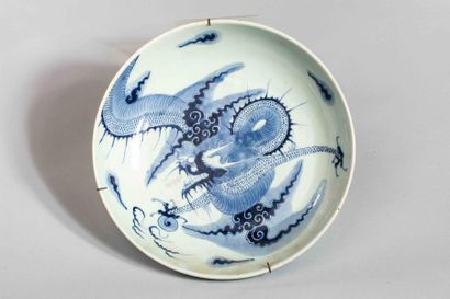 null Plat en porcelaine blanche décoré en bleu cobalt sous couverte d'un dragon impérial...
