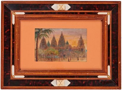 null Vue des temples d'Angkor Vat. Aquarelle sur papier. Signé  A Madry .21 x 13,5...
