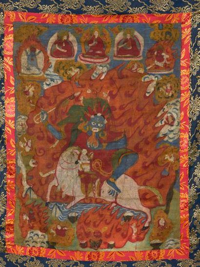 null Thangka illustrant Mahalala sur un cheval blanc entouré de flammes. Tibet. 19...