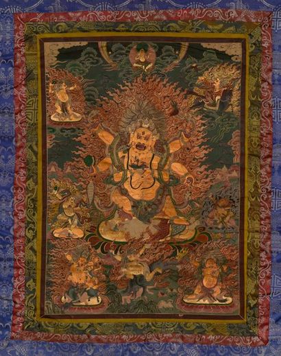 null Tangka illustrant le Dharma Pala Mahakala à 6 bras en posture Pratyalida Asana...