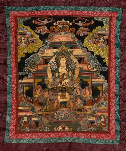 null Tangka illustrant le paradis du Boddhisattva Padma Pani Lokeshavara assis en...