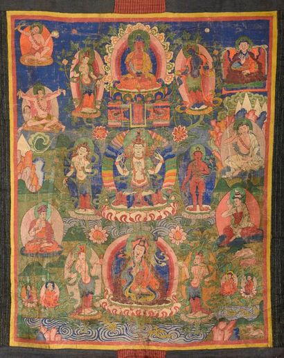 null Tangka illustrant un Boddhisattva dans la partie centrale entouré de diverses...
