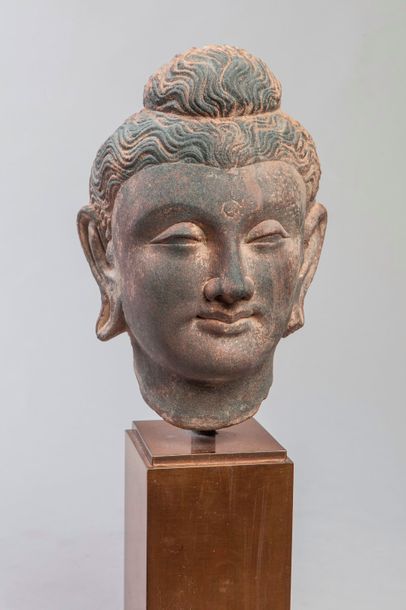 null Tête de Boddhisattva à la chevelure bouclée organisée en longues boucles retenues...