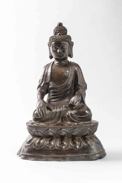 null Buddha Amitabha vêtue de la robe monastique assis sur un socle lotiforme en...
