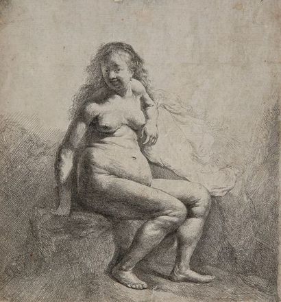 Rembrandt van RIJN (1606-1669) Femme nue au bain Eau-forte et burin. Belle épreuve...