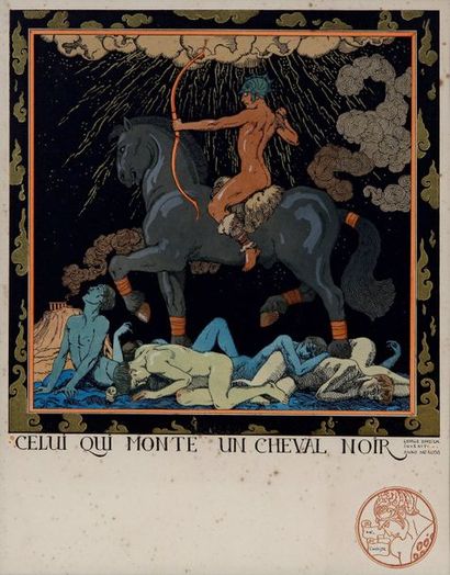 Georges BARBIER (1882-1932) Celui qui monte un cheval noir
Pochoir en couleurs, titré...