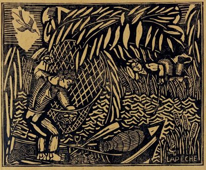 Raoul DUFY (1877-1953) La pêche, vers 1910
Xylographie sur papier teinté.
À vue:...