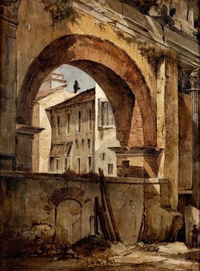 Richard Parkes BONINGTON (1802-1828) La porte d'Octavie à Rome
Aquarelle.
Signée...
