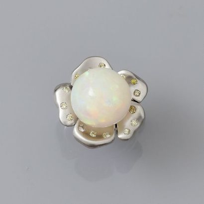 null Bague en or gris, 750 MM, ornée d'une belle perle d'opale pesant 16 carats environ...
