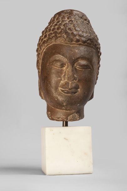 null Tête de Buddha coiffée de larges bouclettes surmontée de la protubérance crânienne...