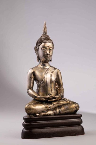 null Buddha assis en virasana, les deux réunis dans son giron en dhyana mudra vêtu...
