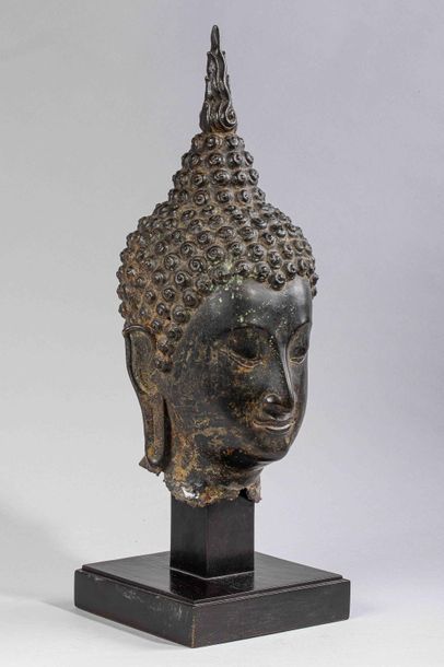 null Tête de Buddha à l'expression sereine coiffée de larges bouclettes surmontée...