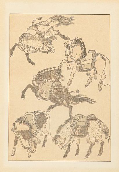 null Suite de trois encadrements de gravure, croquis de mangas, cavaliers de Hokusaï....