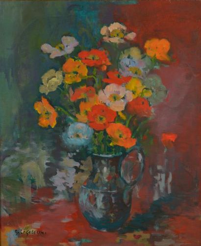 null Germaine LEGELEUX (1910-?).
Bouquet de marguerites et roses.
Bouquet de pavots.
Deux...