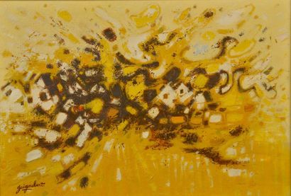 null Jean-Claude GUIGNEBERT (1921-1989). 
Composition sur fond jaune. 
Huile sur...