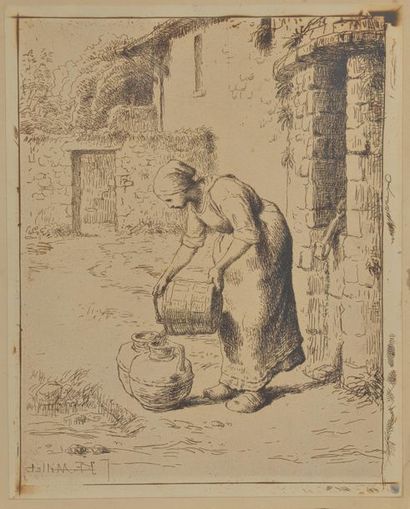 null Jean-François MILLET (1814-1875).
Femme vidant un seau.
Cliché-verre (collé...