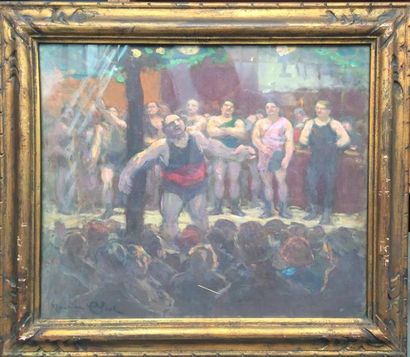 null Maurice ELIOT (1862-1945).
"La baraque des lutteurs".
Huile sur toile signée...