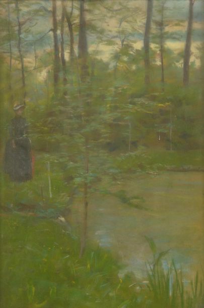 null Maurice ELIOT (1864-1945).
Promeneuse au bord de l'étang.
Pastel monogrammé...