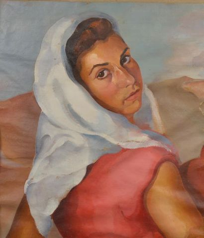 null José GUERRERO (1914-1991).
Femme en buste au foulard.
Huile sur toile signée...