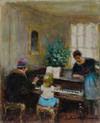 null Jules-René HERVÉ (1887-1981).
La leçon de piano.
Huile sur toile signée en bas...