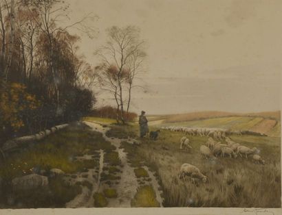 null Henri JOURDAIN (1864-1931).
Le berger au pâturage. 
Gravure en couleur signée...