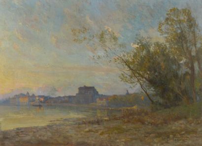 null Georges-Eugène BONNETON (1874-1915).
Paysage de bord de riviere.
Huile sur toile...