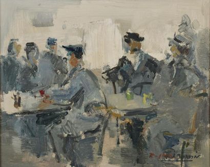 null Roger BERTIN (1915-2003).

Terrasse d'un café.

Huile sur toile signée en bas...