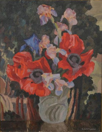 null Louis-Hippolyte BOILEAU (1878-1948).
Bouquet d'anémones et d'iris dans un vase.
Huile...