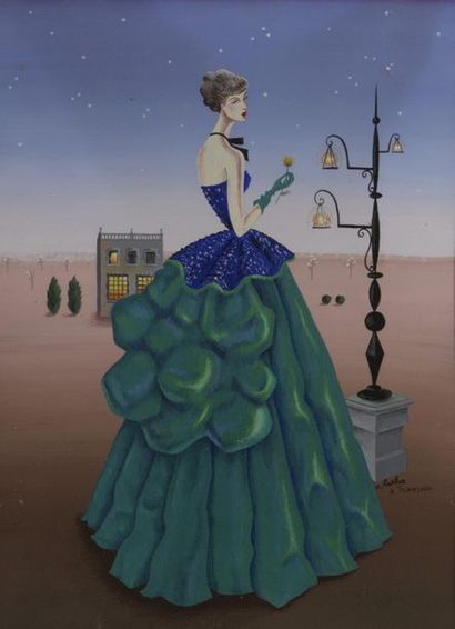 null André BARLIER (1920-2008).
Jeune femme en robe de soirée dans un paysage.
Gouache...