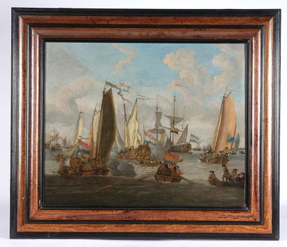 null Jacobus STORCK (Amsterdam, 1641-1692).
Canonnade dans un port.
Toile (restaurations...