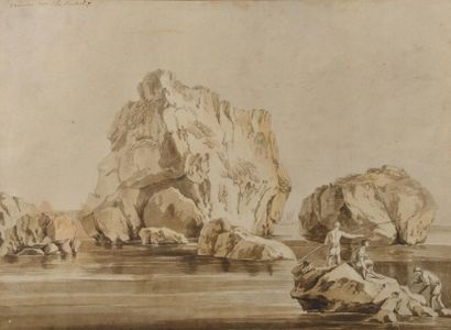 null Jacob-Philipp HACKERT (1737-1807).
Scène de pêche à Salerno.
Lavis d'encre situé,...