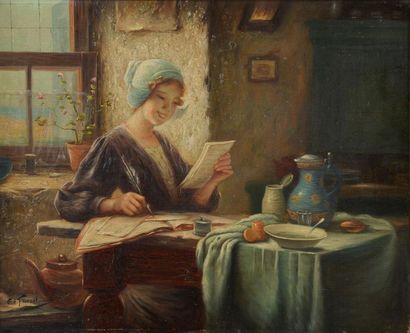 null Ch. FOURNEL (début du XXe siècle).
Femme à la lettre dans un intérieur.
Huile...