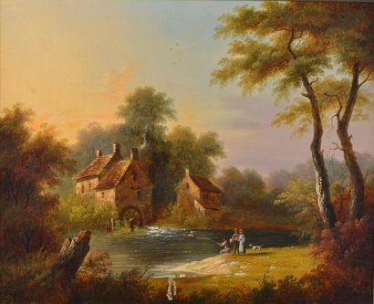 null Louis Nicolas CHAINBAUX (XIXe siècle).
Partie de pêche devant le moulin à eau.
Huile...