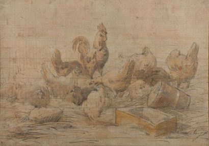 null Charles JACQUES (1813-1894).
Coq et poules picorant.
Mise au carreau, crayons...
