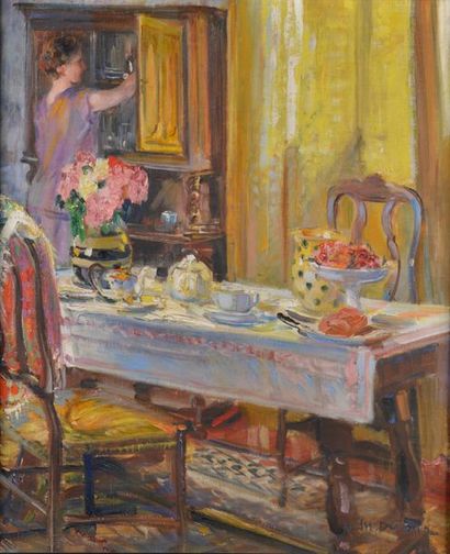 null Marguerite-Mary DARBOUR (XIXe-XXe siècle).
Salle à manger à l'heure du thé.
Huile...