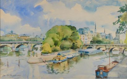 null Martin ECHEGARAY Y GARCIA (1866-1931).
Vue du Pont-Neuf.
Aquarelle signée en...