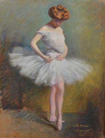 null Jacques WEISMANN (1878 - ?).
Danseuse accrochant son tutu.
Pastel signé, daté...