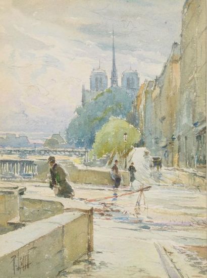 null René LEVERT (1872 - 1938).
Notre-Dame vue des quais.
Aquarelle, signée en bas...