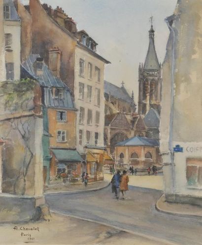 null Jules-Charles CHOQUET (1846-1937).
"Paris, le Pont-Neuf".
Aquarelle signée et...
