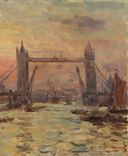 null Aston KNIGHT (1873-1948). 
Vue du Tower Bridge.
Huile sur toile, signée en bas...